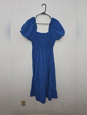 Cobalt Blue Smocked Midi Dress with Puff Detail